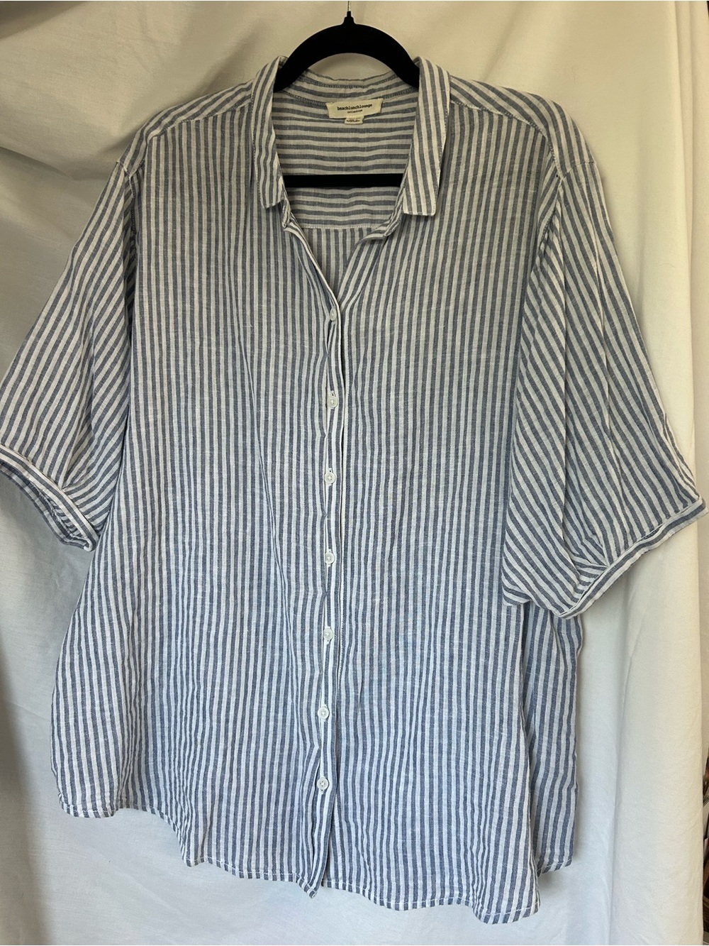 Beachlunchlounge Blue and White Striped Linen Button Down Shirt. Size XL